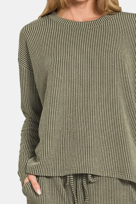 Raised Rib Long Sleeve Tee & Shorts Set / DK OLIVE