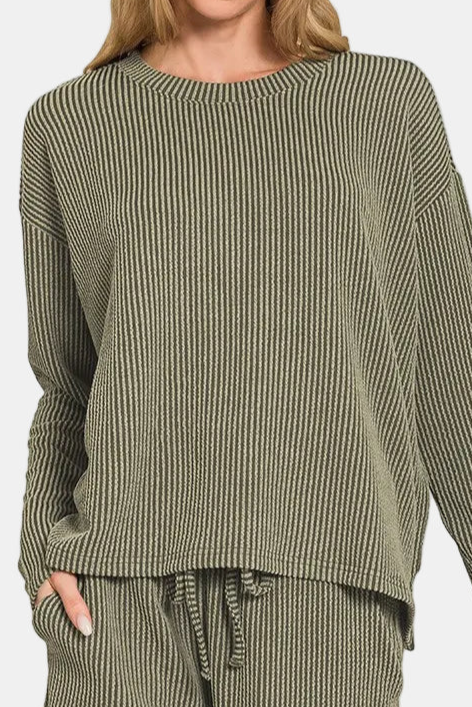 Raised Rib Long Sleeve Tee & Shorts Set / DK OLIVE
