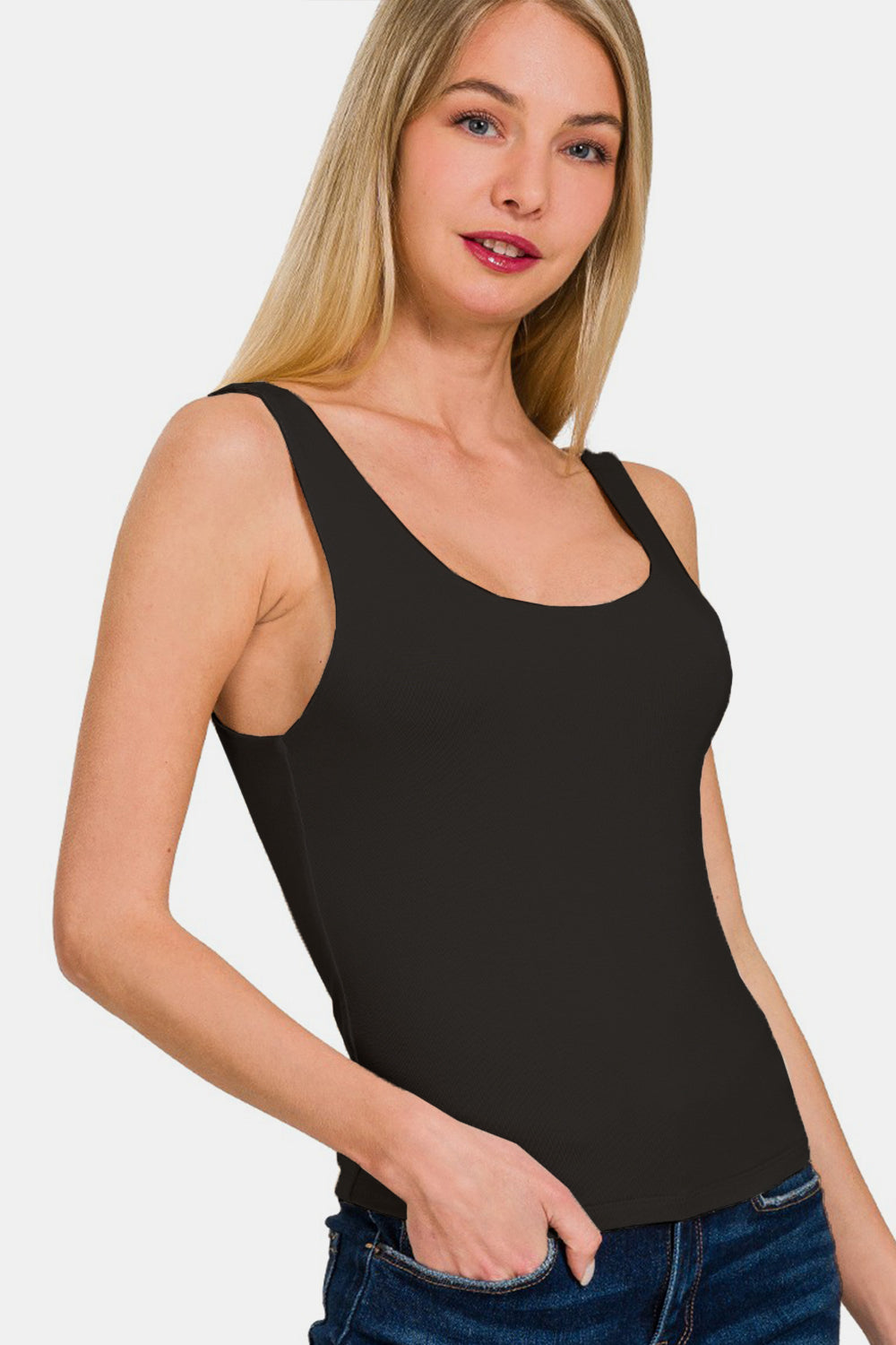 2 Layer Round Neck Tank Top / BLACK