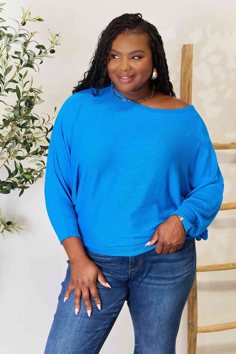 Ribbed Batwing Long Sleeve Boat Neck Sweater / OCEAN BLUE