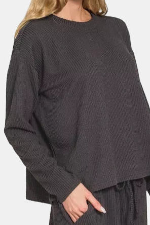 Raised Rib Long Sleeve Tee & Shorts Set / BLACK