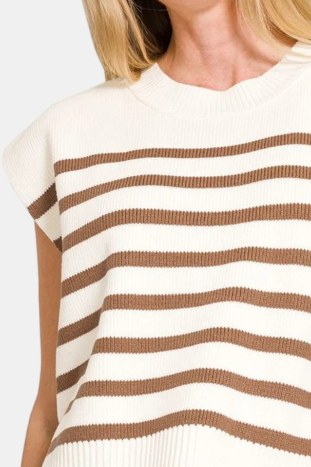 Oversized Crew Neck Stripe Sweater Vest / MOCHA