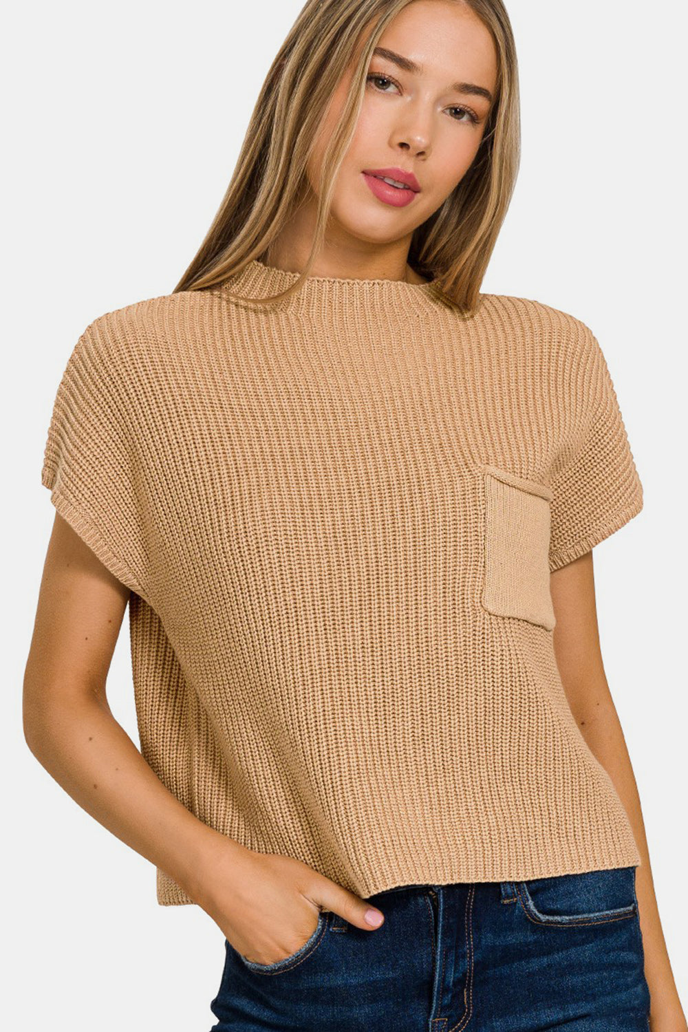 Mock Neck Short Sleeve Cropped Sweater / BRUSH