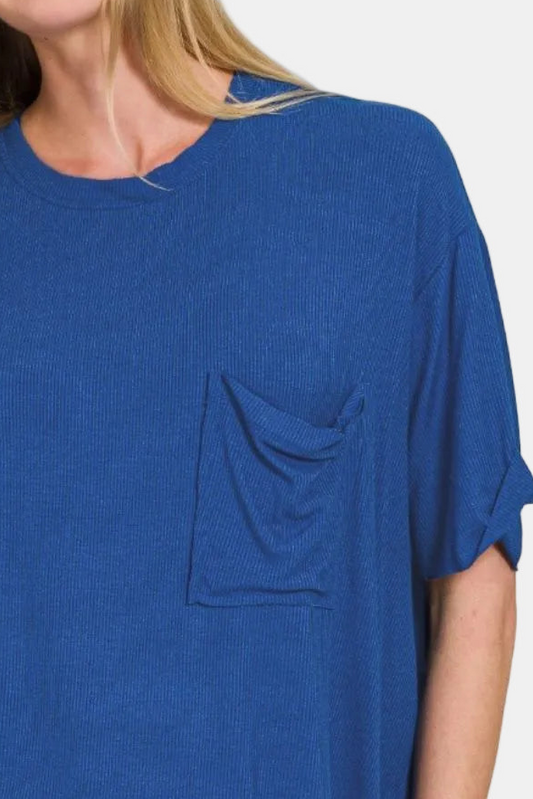 Oversized Ribbed Round Neck Short Sleeve Tee / LT NAVY