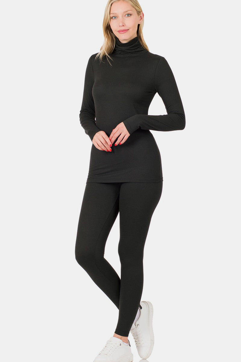 Microfiber Mock Neck Top & Leggings Set / BLACK