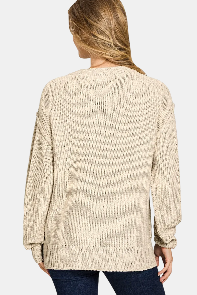 Exposed Seam Round Neck Sweater / SAND BEIGE