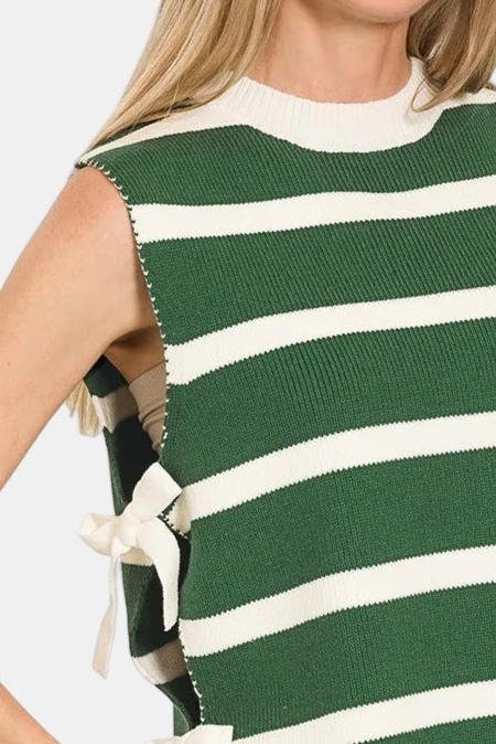 Side Tie Stripe Sweater Vest / DK GREEN