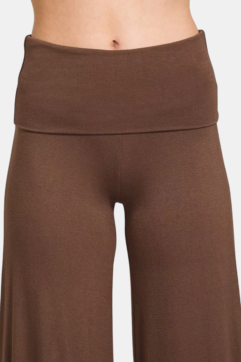 Fold Over Waist Comfy Palazzo Pants / BROWN