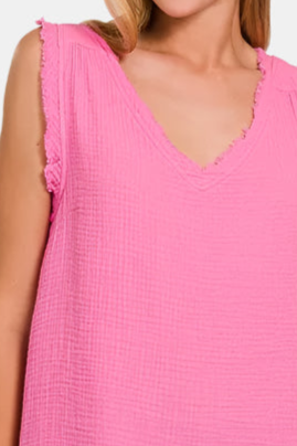 Double Gauze Raw Edge V-Neck Tank Top / LT FUCHSIA