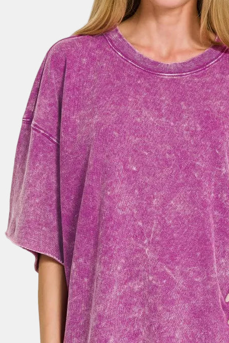 French Terry Washed Drop Shoulder Short Sleeve Top / LT PLUM
