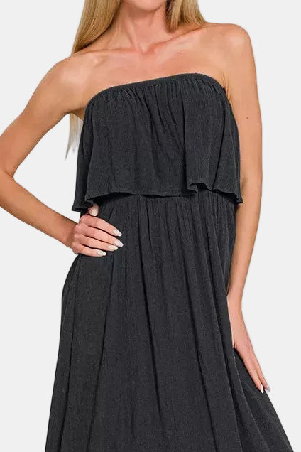 Woven Crinkle Strapless Maxi Dress / BLACK