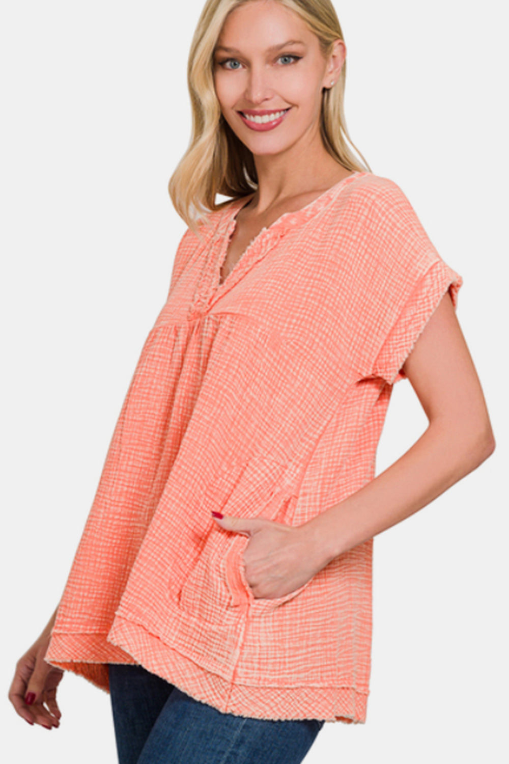 Washed Double Gauze Raw Edge Short Sleeve Shirt / CORAL