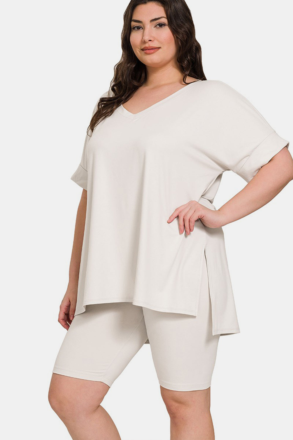 Brushed DTY Microfiber V-Neck Top & Biker Shorts / BONE