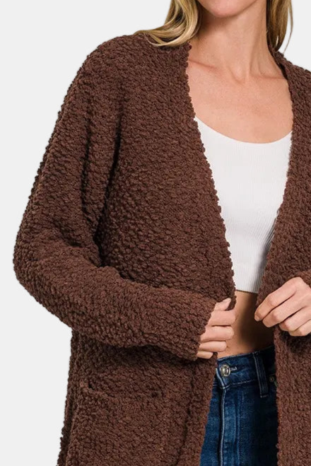 Long Sleeve Popcorn Sweater Cardigan with Pockets / BROWN