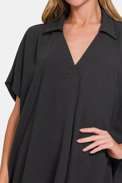 Woven Airflow Collared V-Neck Top / BLACK
