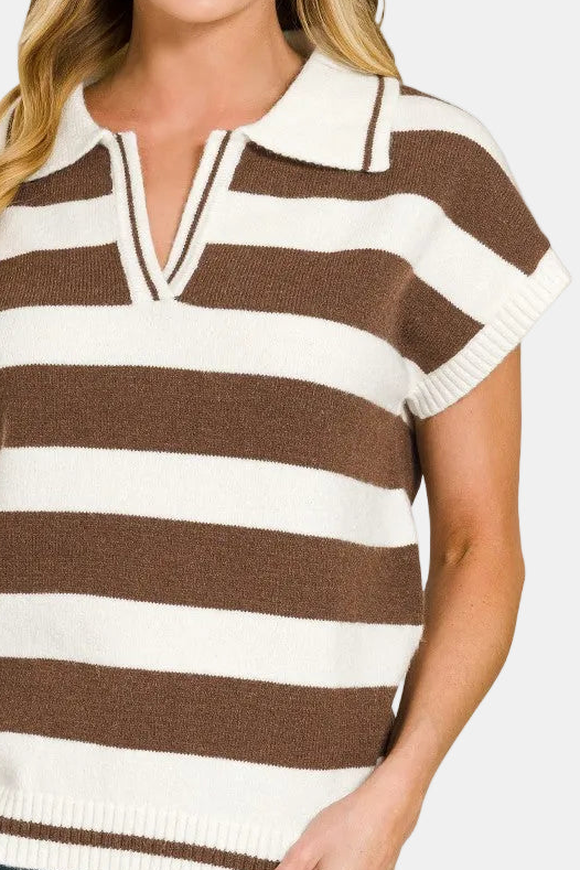 Block Striped Collared Short Sleeve Sweater / BROWN