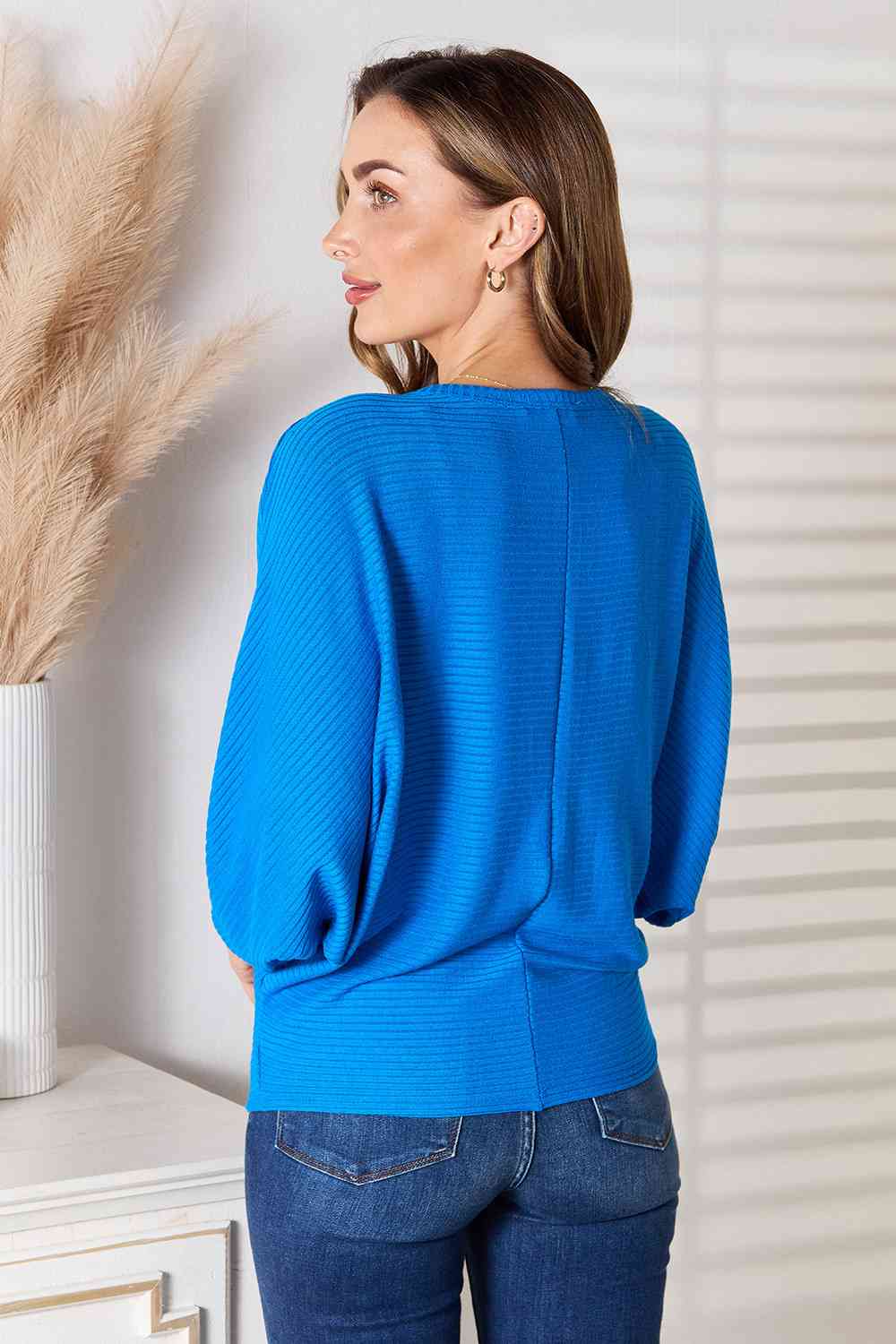 Ribbed Batwing Long Sleeve Boat Neck Sweater / OCEAN BLUE