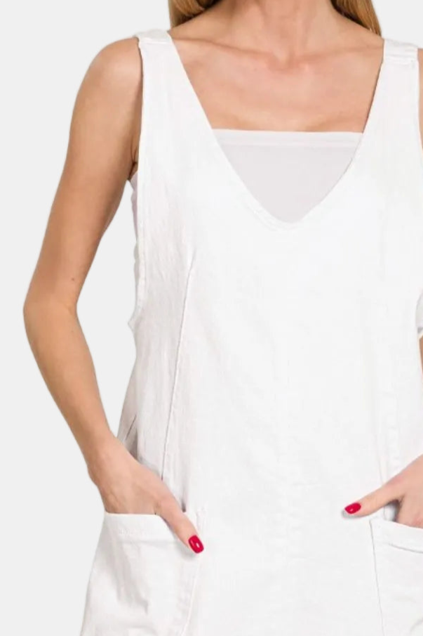 Washed Adjustable Strap Denim Overall Dress / WHITE