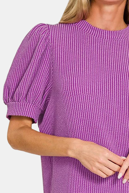 Raised Rib Puff Sleeve Top / LT PLUM