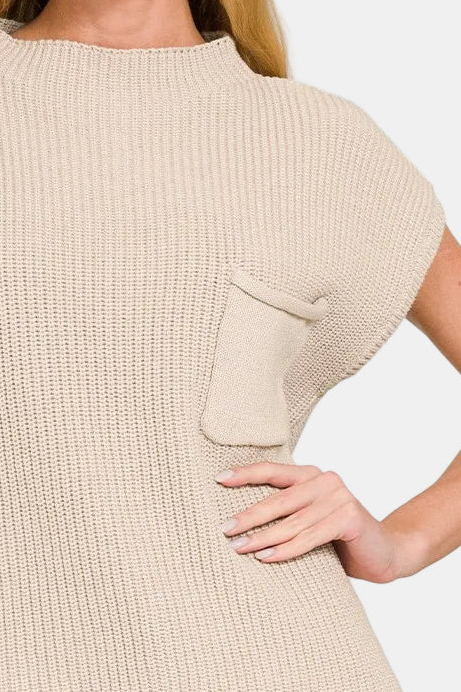 Mock Neck Short Sleeve Sweater / SAND BEIGE