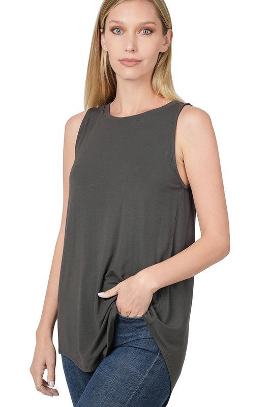 Luxe Rayon Sleeveless Round Neck Hi-Low Hem Top