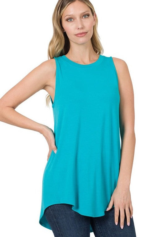 Luxe Rayon Sleeveless Round Neck Hi-Low Hem Top