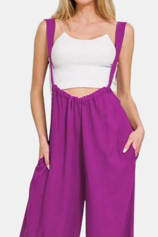Woven Tie Back Suspender Jumpsuit / LT PLUM