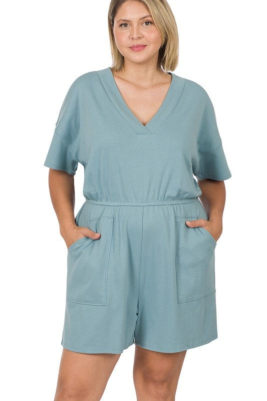 Plus Drop Shoulder V-Neck Romper with Pockets