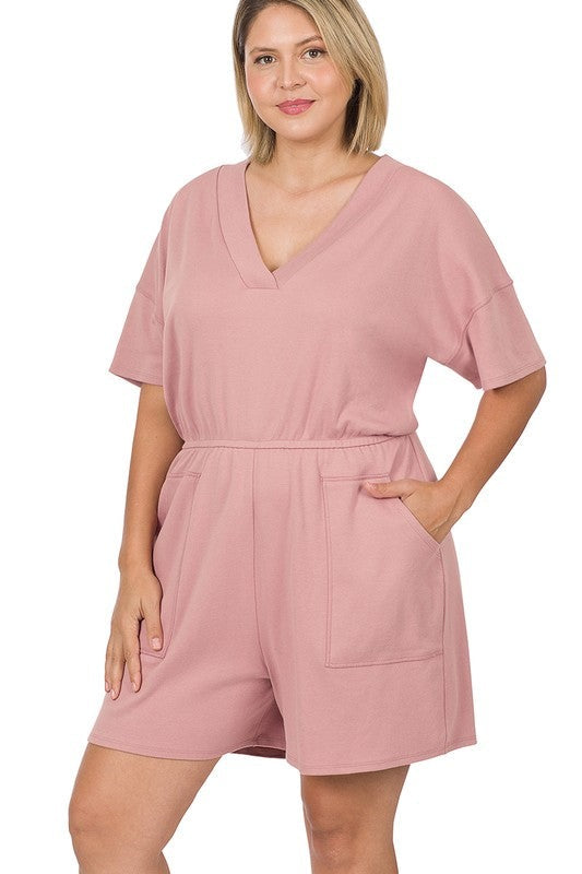 Plus Drop Shoulder V-Neck Romper with Pockets