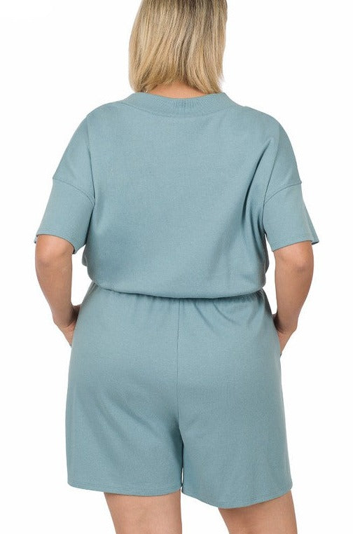 Plus Drop Shoulder V-Neck Romper with Pockets