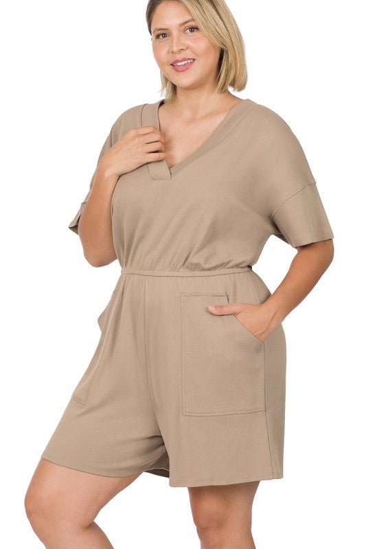 Plus Drop Shoulder V-Neck Romper with Pockets