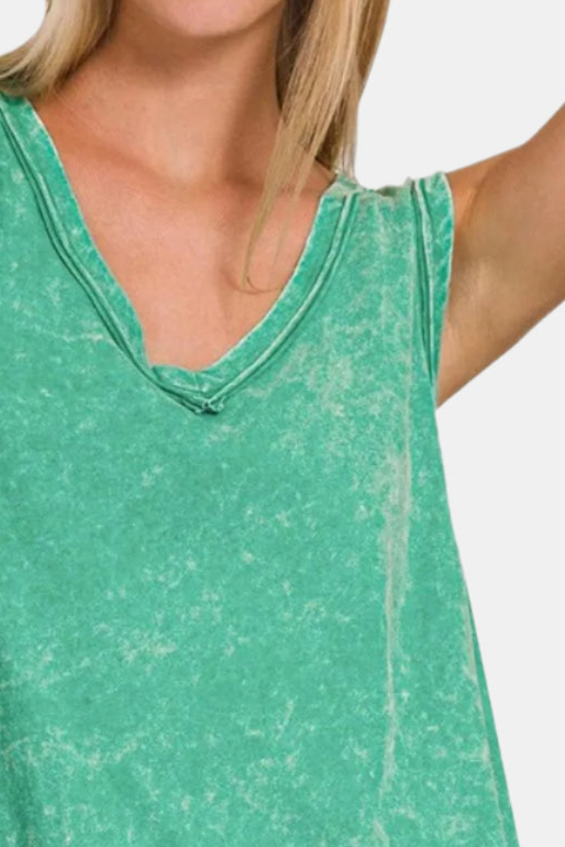 Crinkle Washed V-Neck Sleeveless Top / K GREEN