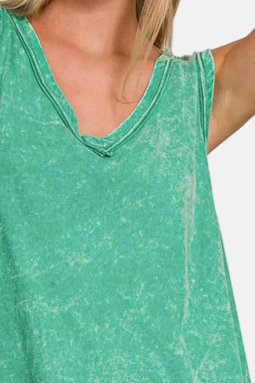 Crinkle Washed V-Neck Sleeveless Top / K GREEN