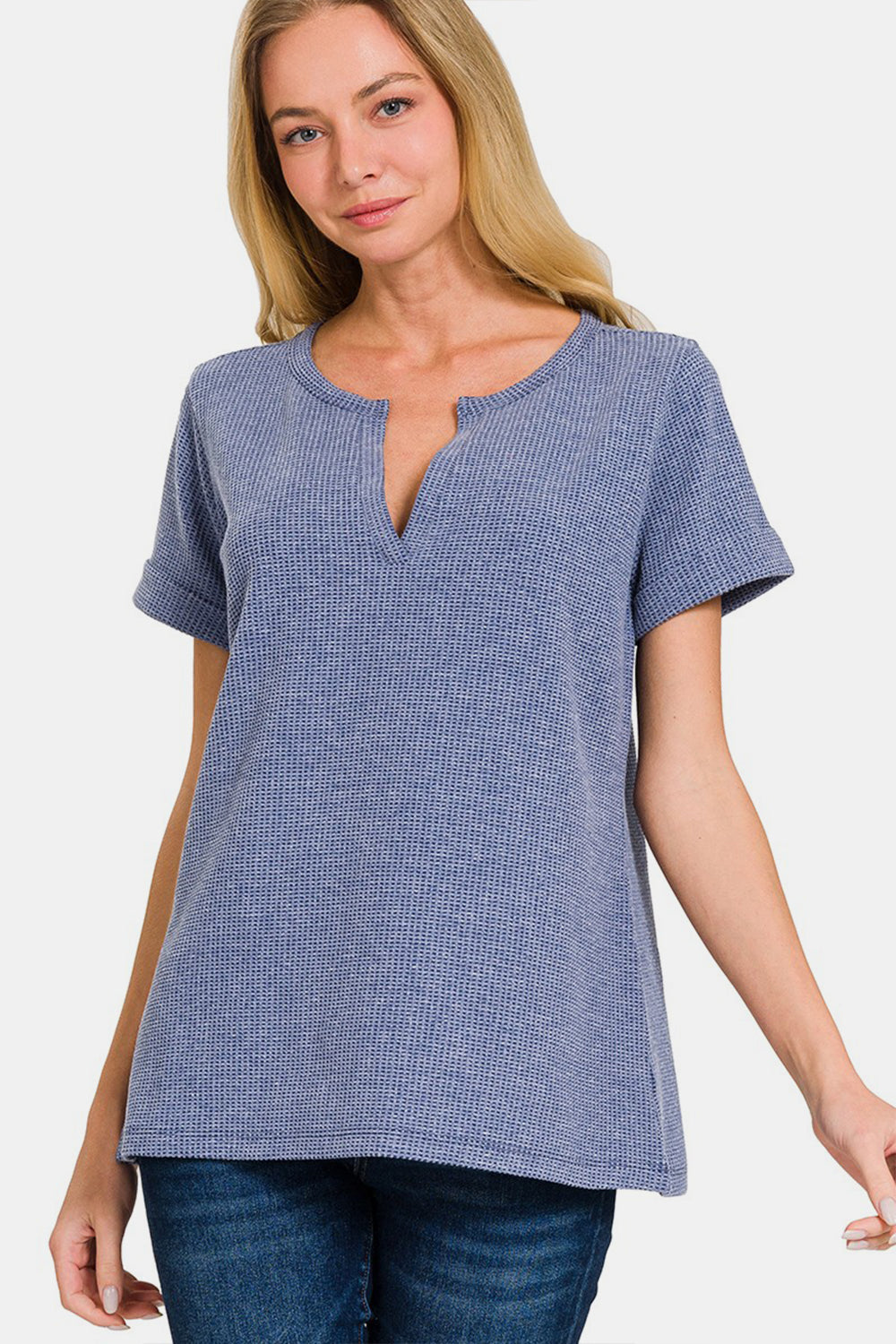 Melange Baby Waffle Henley Neck Short Sleeve Top / DENIM