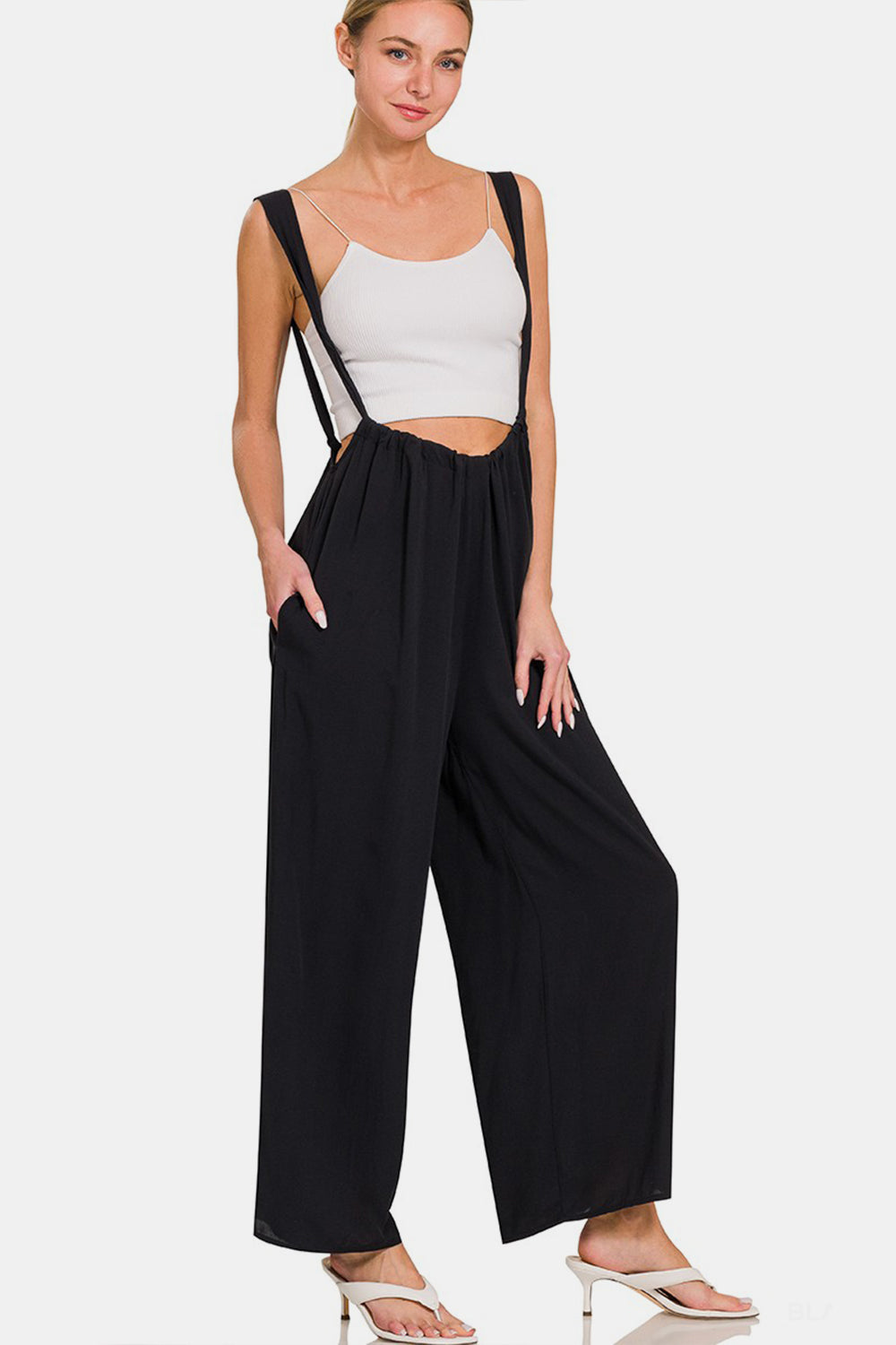 Woven Tie Back Suspender Jumpsuit With Pockets / BLACK