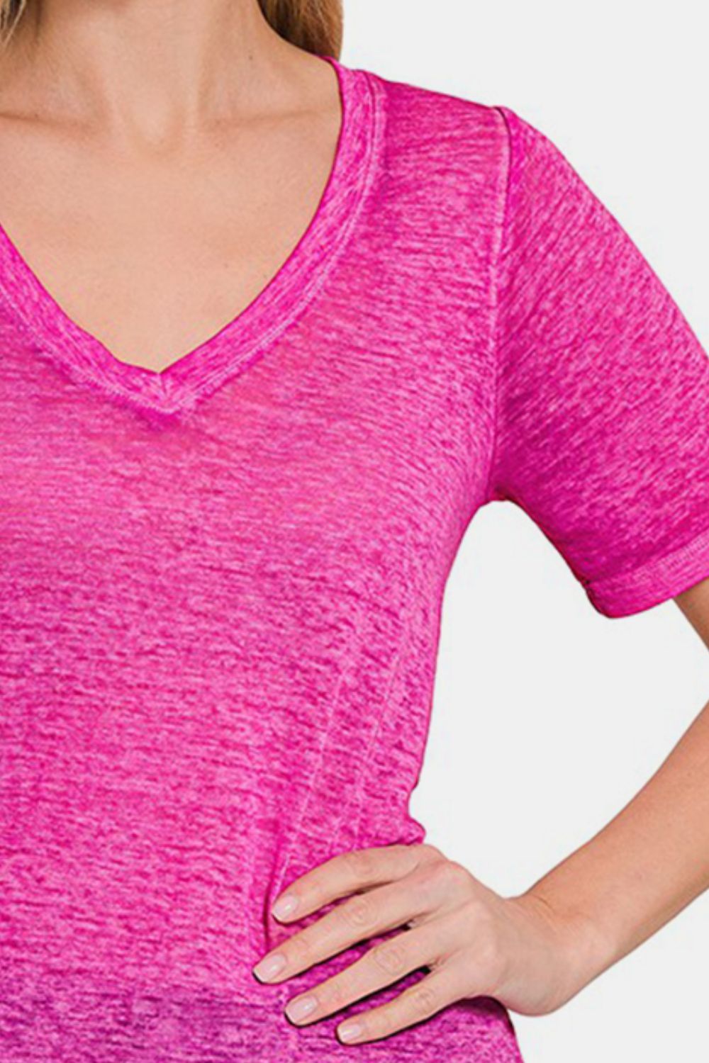 Melange Burnout Short Sleeve V Neck Top / HOT PINK