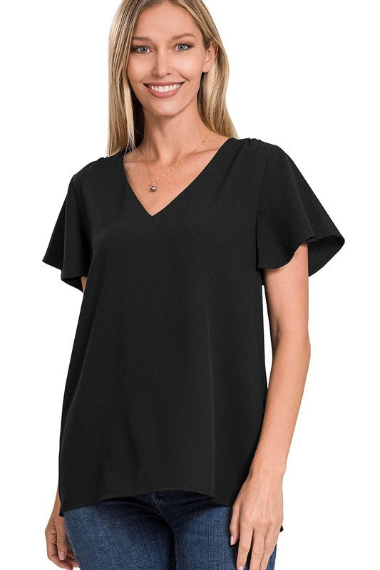 Woven Flutter Sleeve V-Neck Top / BLACK