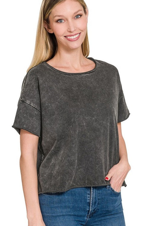 Acid Wash Raw Edge Short Sleeve Crop Top