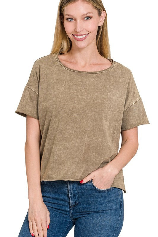 Acid Wash Raw Edge Short Sleeve Crop Top