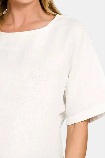 Linen Round Neck Cuffed Sleeve Top / OFF WHITE