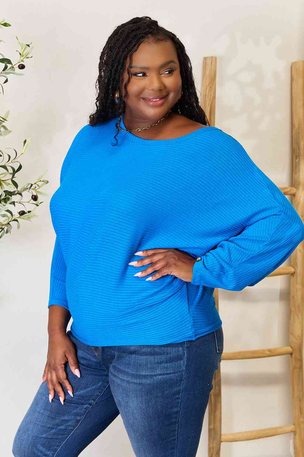 Ribbed Batwing Long Sleeve Boat Neck Sweater / OCEAN BLUE