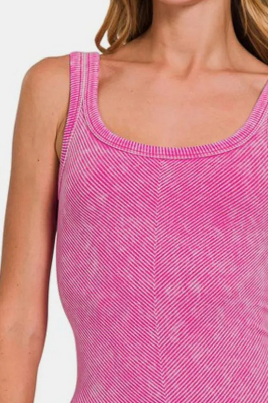 Stone Washed Ribbed Seamless Tank Top / HOT PINK
