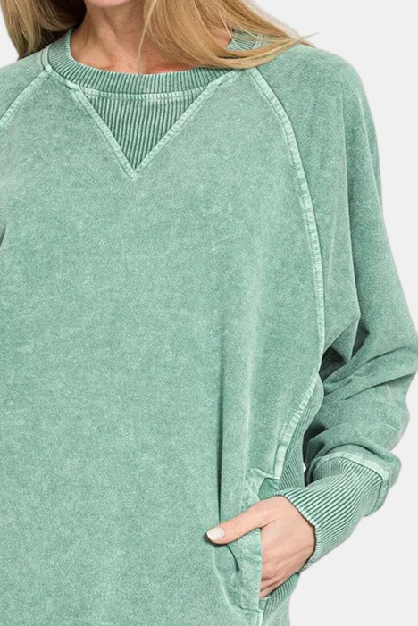 Halo Washed French Terry Round Neck Pullover / DK GREEN