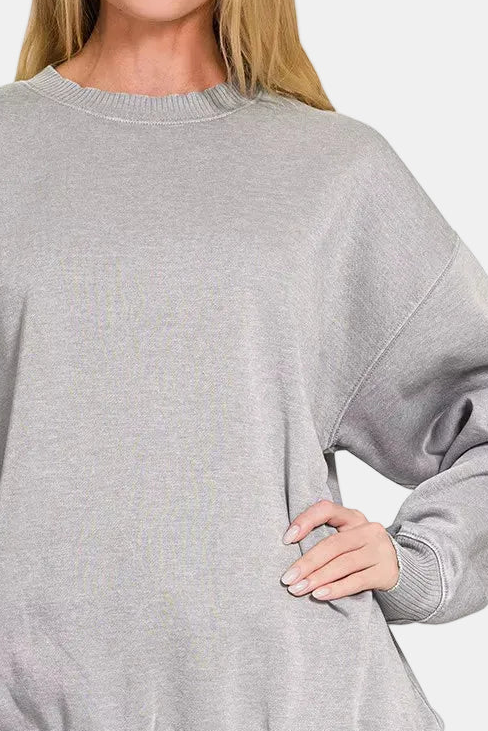 Fleece Acid Enzyme Washed Round Neck Sweatshirt / SLEET