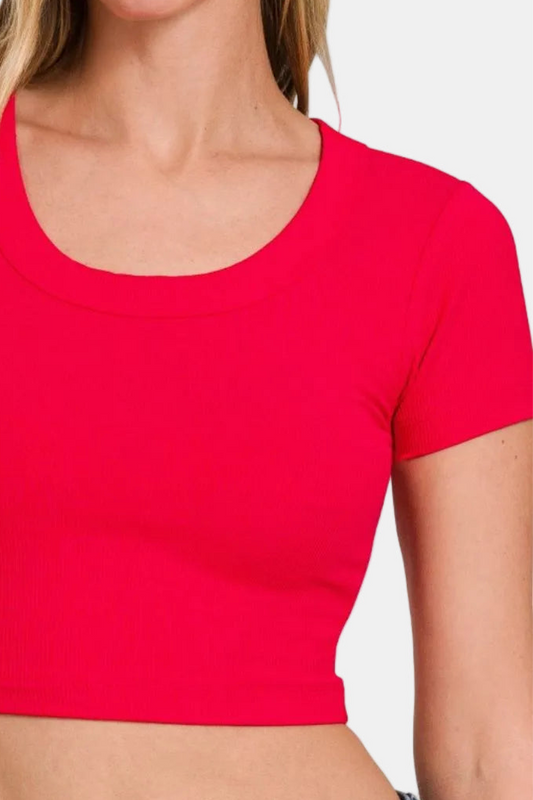 Ribbed Scoop Neck Crop Short Sleeve Top / RUBY