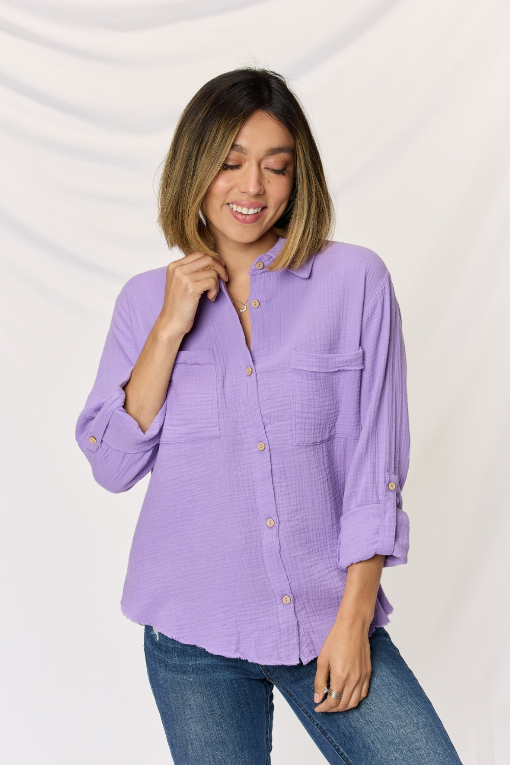 Double Gauze Button Down Roll-up Long Sleeve Shirt / LAVENDER