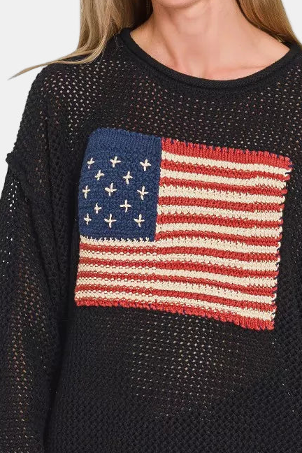 American Flag Crew Neck Open Stitch Sweater / BLACK