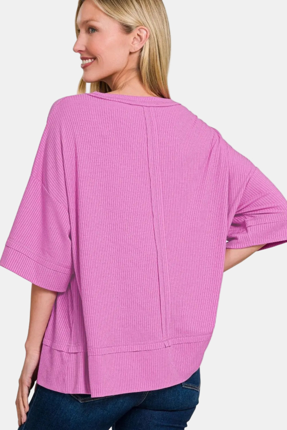 Ribbed Boat Neck 3/4 Sleeve Top / SAND BEIGE