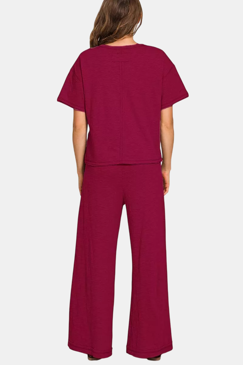 Cotton Slub Short Sleeve Tee & Pants Set / CABERNET