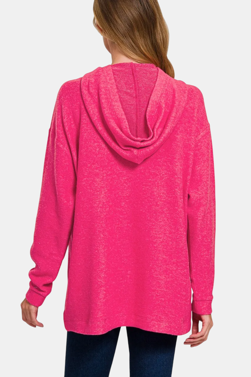 Hooded Brushed Melange Hacci Sweater / HOT PINK